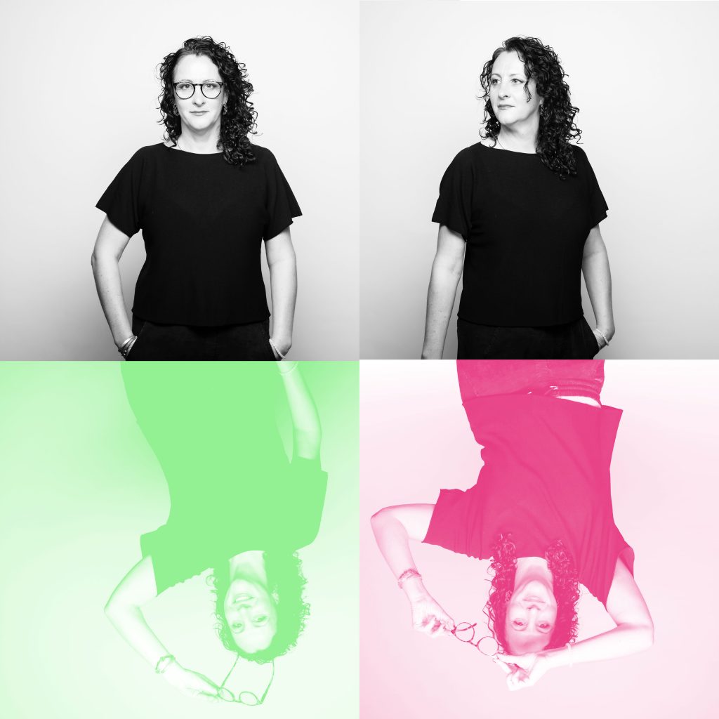 2 imágenes de Sara donde se ve una foto en blanco y negro, cuyo reflejo es otra imagen en color neón, viva y dinámica.